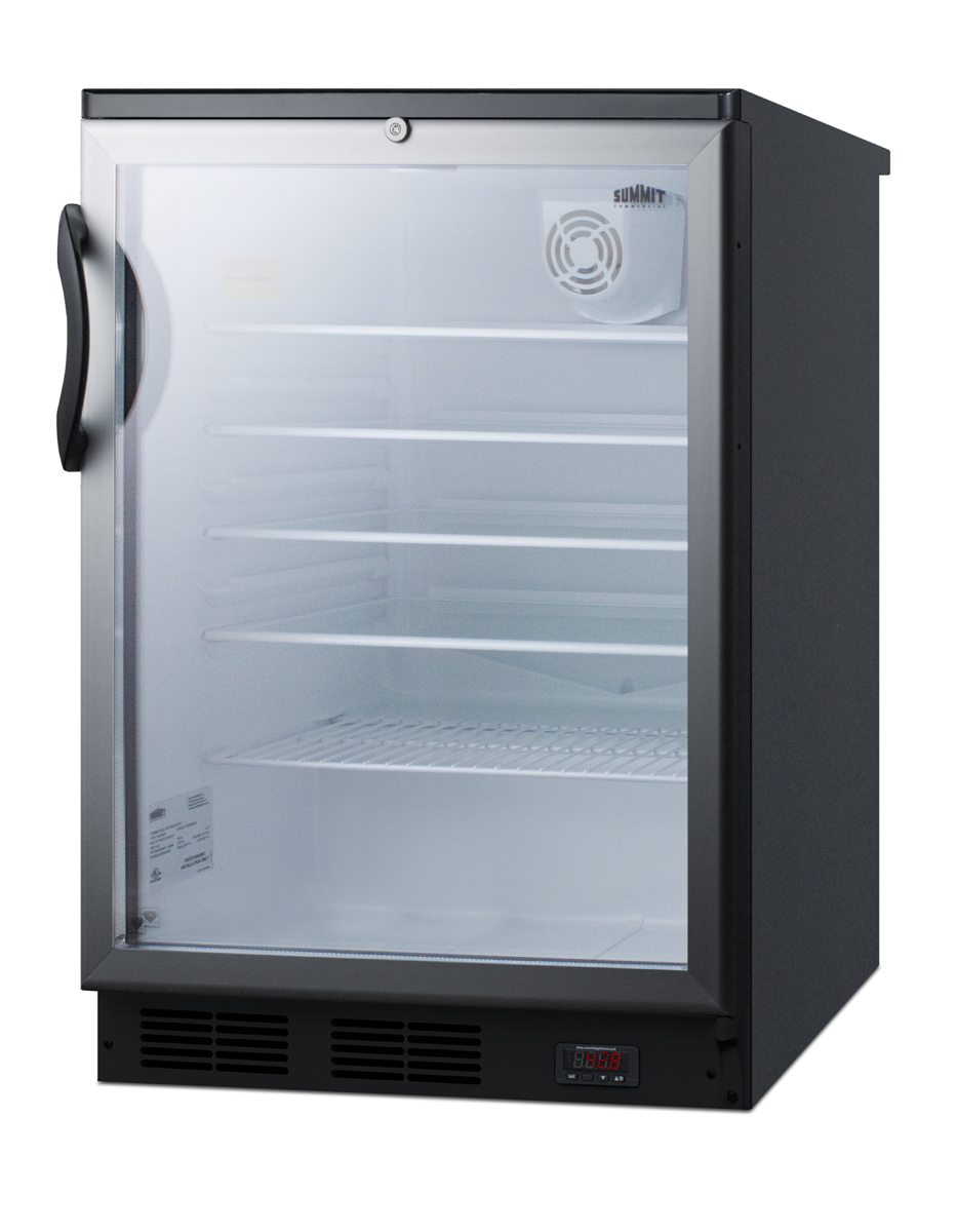 Commercial glass door built-in craft beer and wine refrigerator with digital thermostat, black cabinet, and lock